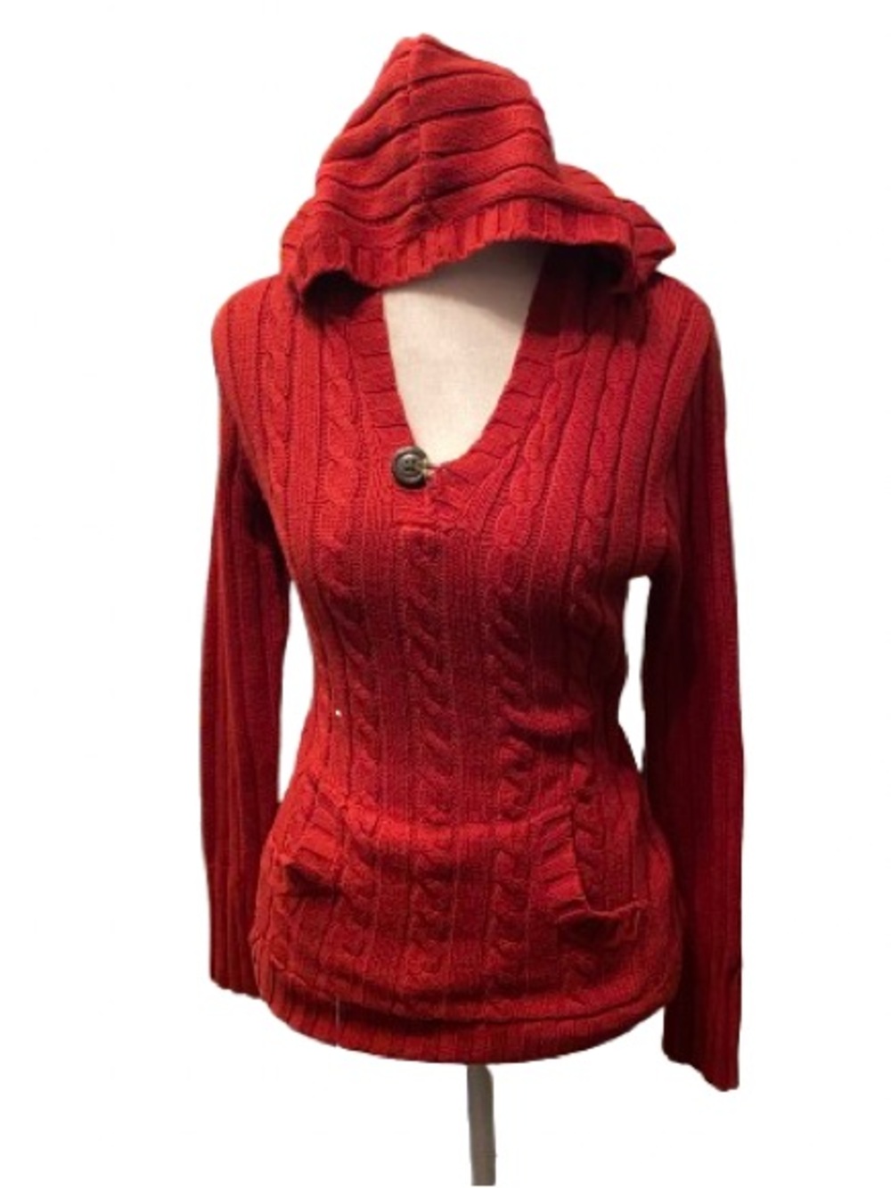 ellemenno Red V-Neck Hooded Cable-Knit Sweater